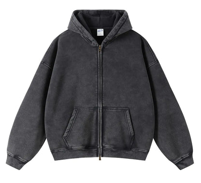 DXSHCV Oversize Mens Vintage Hoodie Zip Up Long Sleeve Sweatshirt with Pockets Acid Wash Streetwear Fleece Hoodies Jacket Black