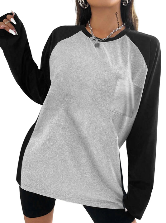 Remidoo Raglan Shirt Women Color Block Long Sleeve Oversized T Shirt Crewneck Casual Tee Top Grey X-Large