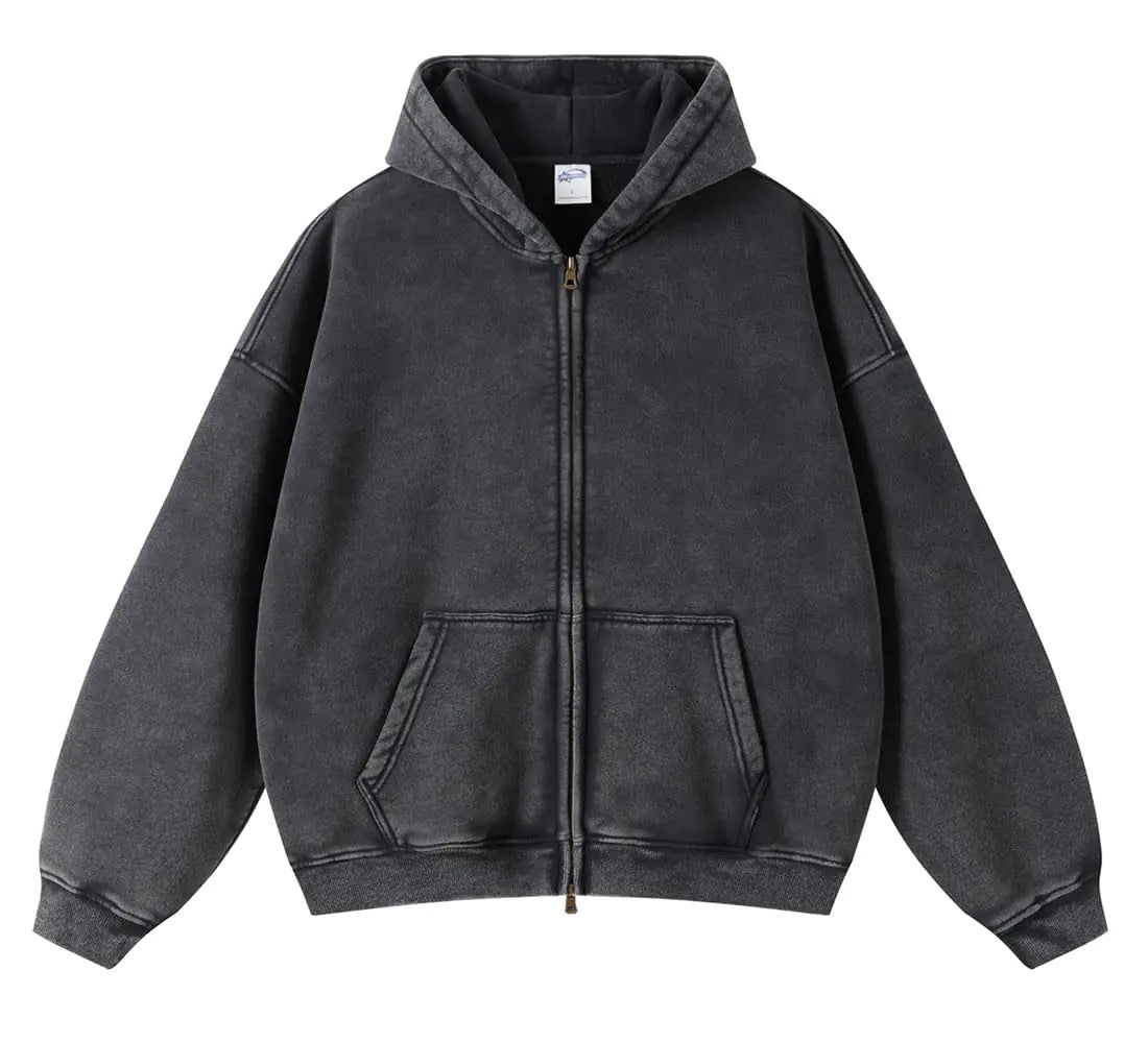 DXSHCV Oversize Mens Vintage Hoodie Zip Up Long Sleeve Sweatshirt with Pockets Acid Wash Streetwear Fleece Hoodies Jacket Black