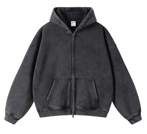 DXSHCV Oversize Mens Vintage Hoodie Zip Up Long Sleeve Sweatshirt with Pockets Acid Wash Streetwear Fleece Hoodies Jacket Black