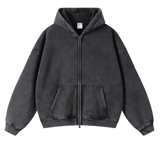 DXSHCV Oversize Mens Vintage Hoodie Zip Up Long Sleeve Sweatshirt with Pockets Acid Wash Streetwear Fleece Hoodies Jacket Black